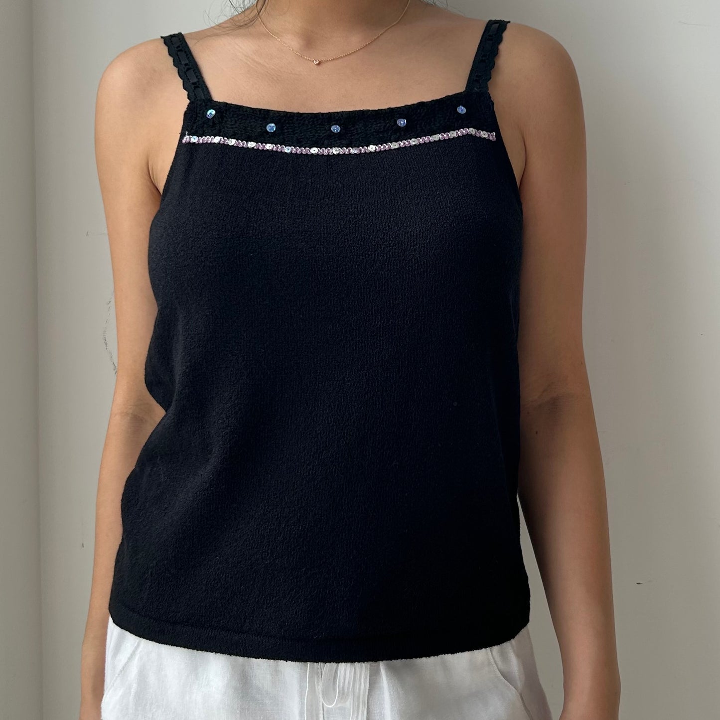 Black Embellished Square Neck Cami Top - Medium