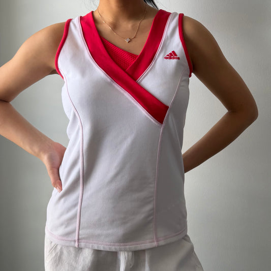 Adidas White and Red Sporty Tank Top - Small