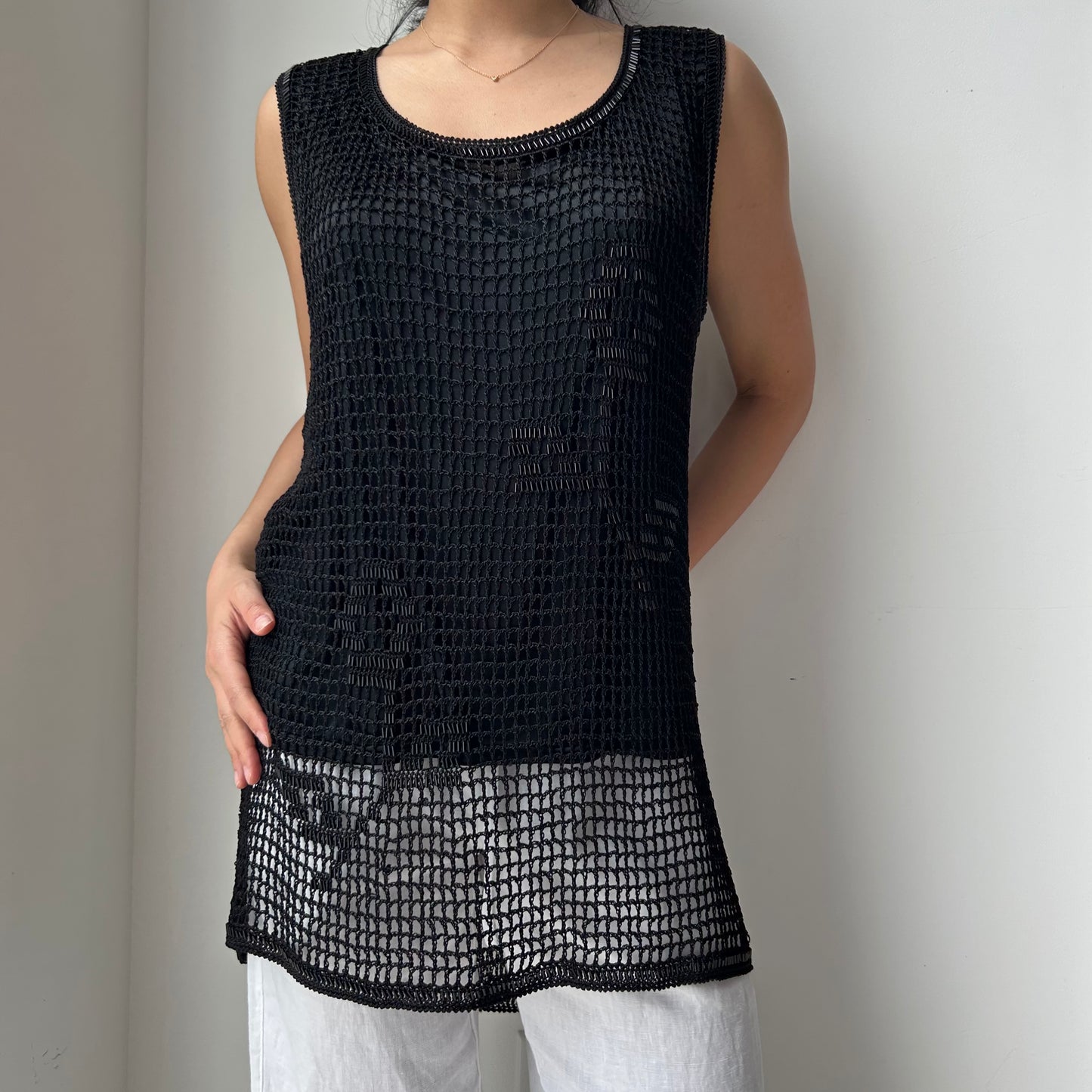 Vintage Black Floral Fishnet Tunic Tank - Large
