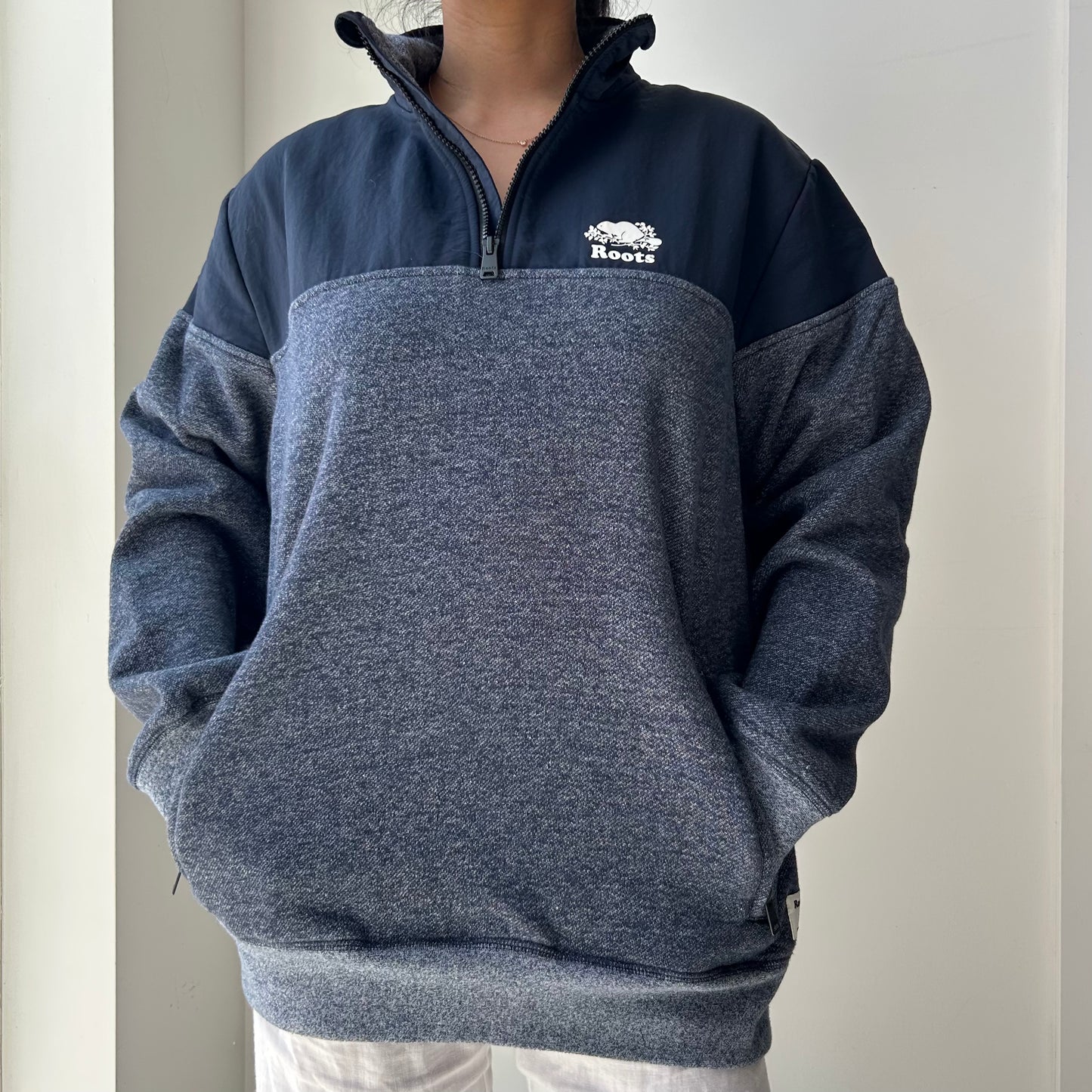 Roots Navy and Heather Quarter Zip Sweatshirt - Medium