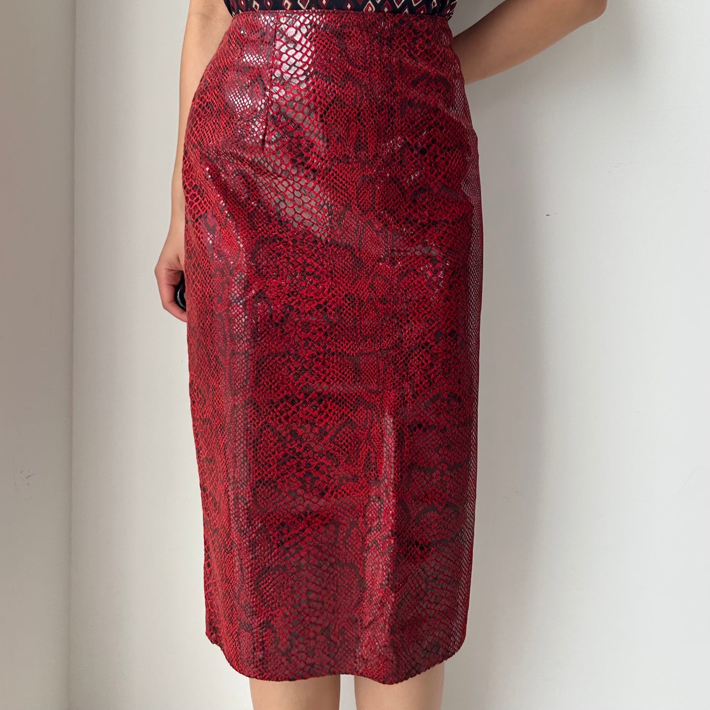 Danier Red Snake-Embossed Leather Pencil Skirt - Medium