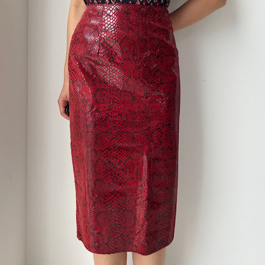 Danier Red Snake-Embossed Leather Pencil Skirt - Medium