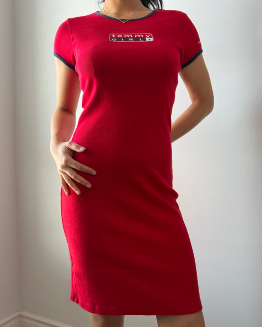 90s Made in USA Tommy Jeans Red Ringer T-Shirt Dress - Small