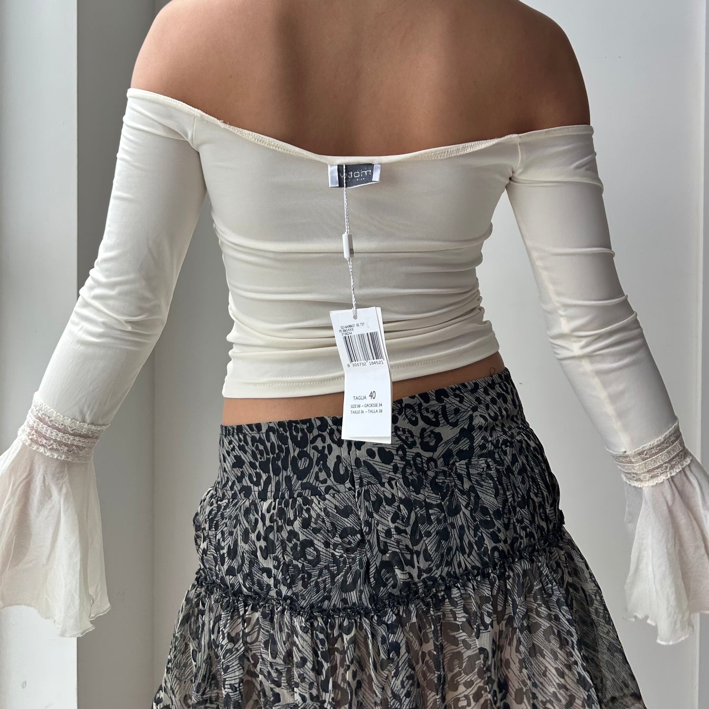 Made in Italy Cream Off-Shoulder Ruffle Lace Top with Bell Sleeves - X-Small