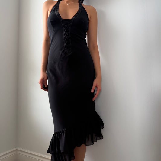 Old Label Mango Black Halter Midi Dress with Ruffled Hem - XX-Small
