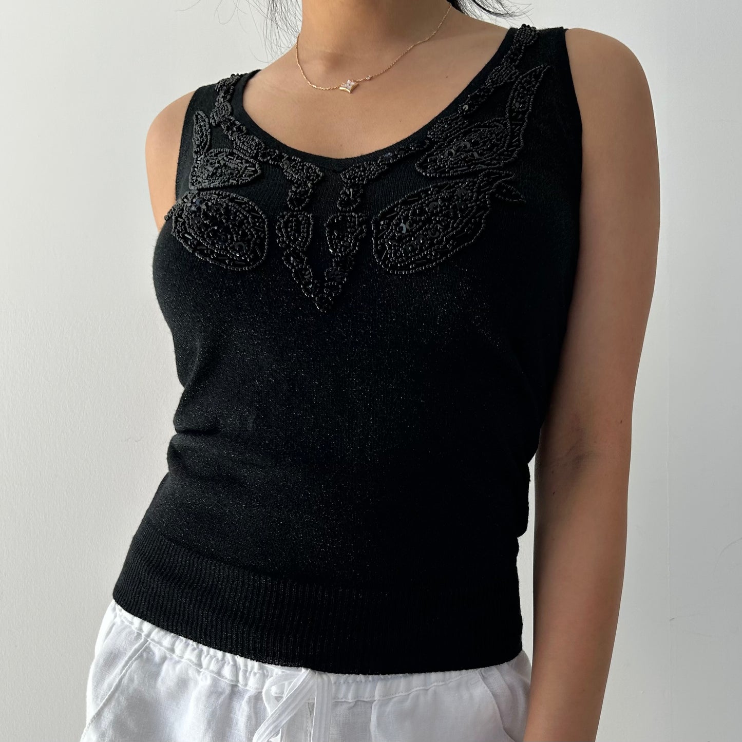 Le Château Black Beaded Sleeveless Knit Top - X-Small
