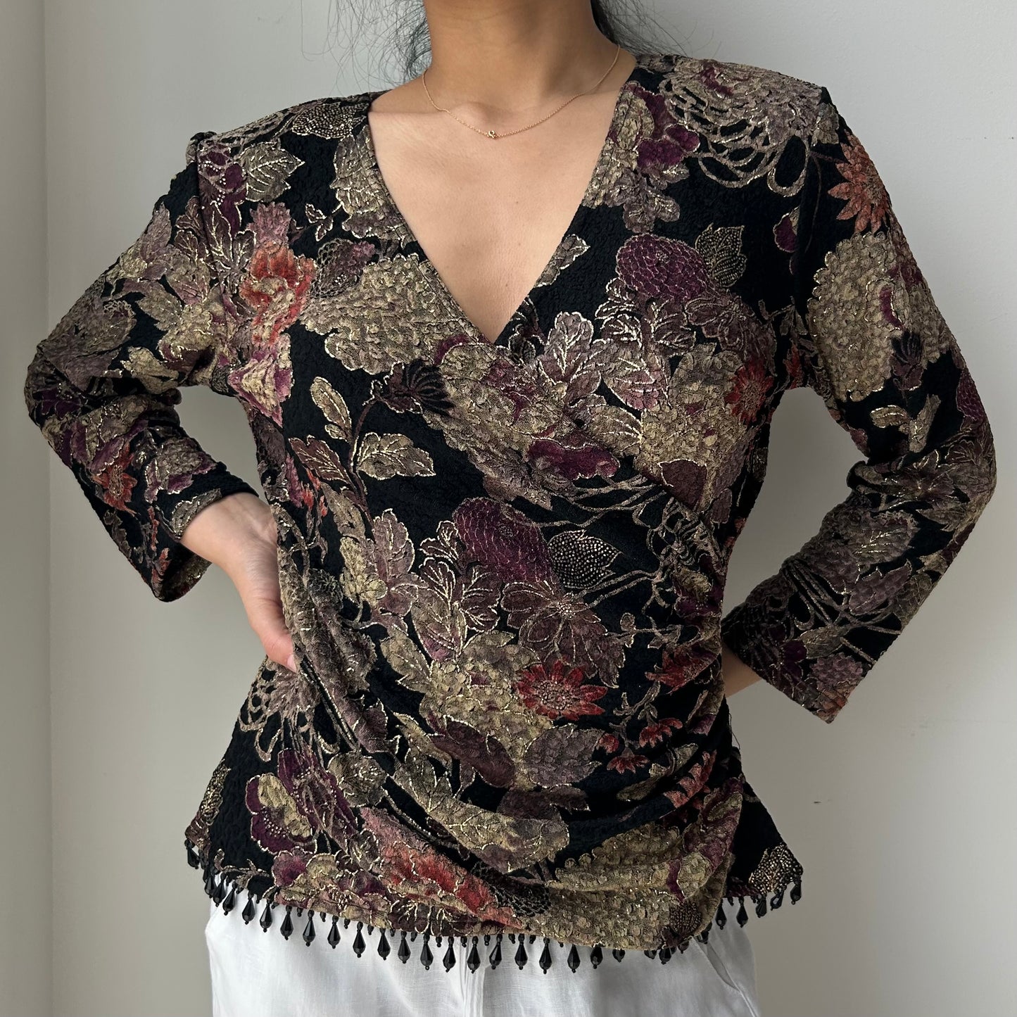 Made in USA Floral Metallic Brocade Wrap Top - Medium