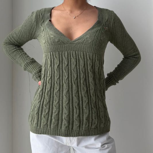 Early 2000s Hollister Olive Rabbit Hair Blend Cable Knit V-Neck Babydoll Sweater - X-Small