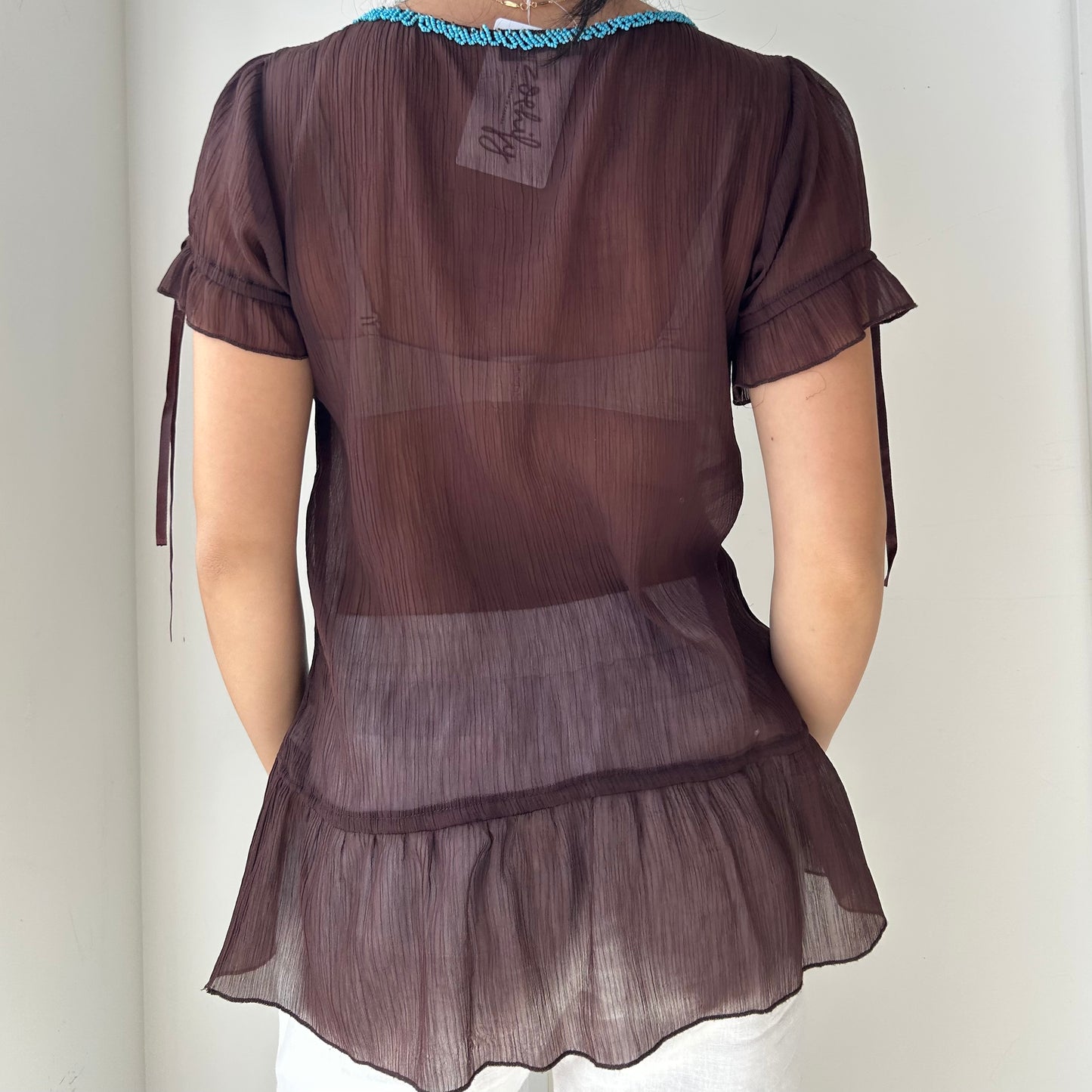 Brown Short Sleeve Sheer Embellished Top - Medium