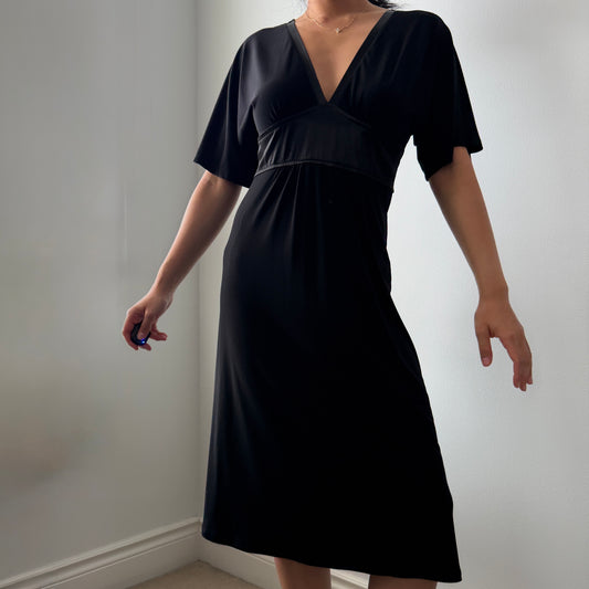 1990s Smart Set Black Short Sleeve Empire Waist Midi Dress - Small