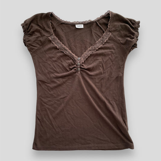 Suzy Shier Brown Pointelle V-Neck Milkmaid Top - Large