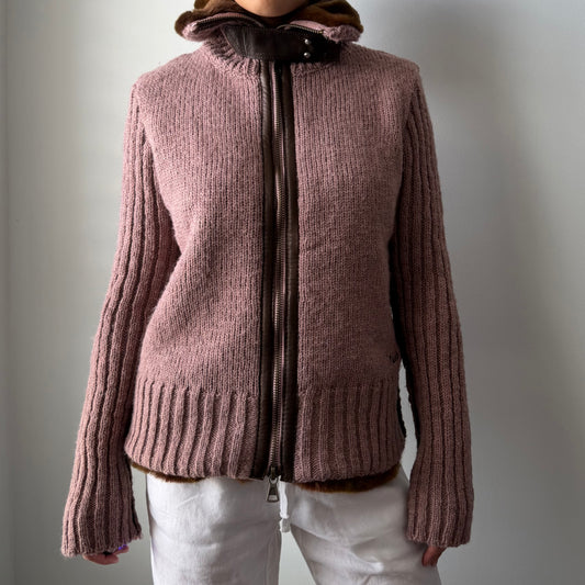 Miss Sixty Pink Wool Knit Faux Fur Trim Jacket - Large