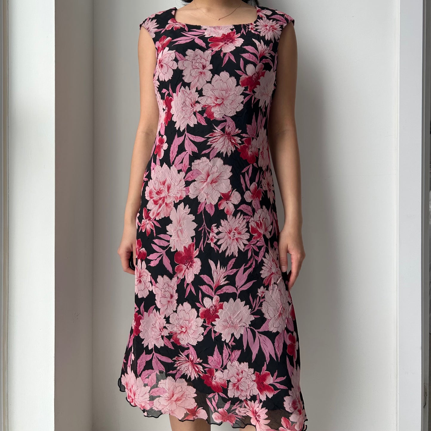 Vintage 90s Made in Canada Pink Floral Midi Dress - Small