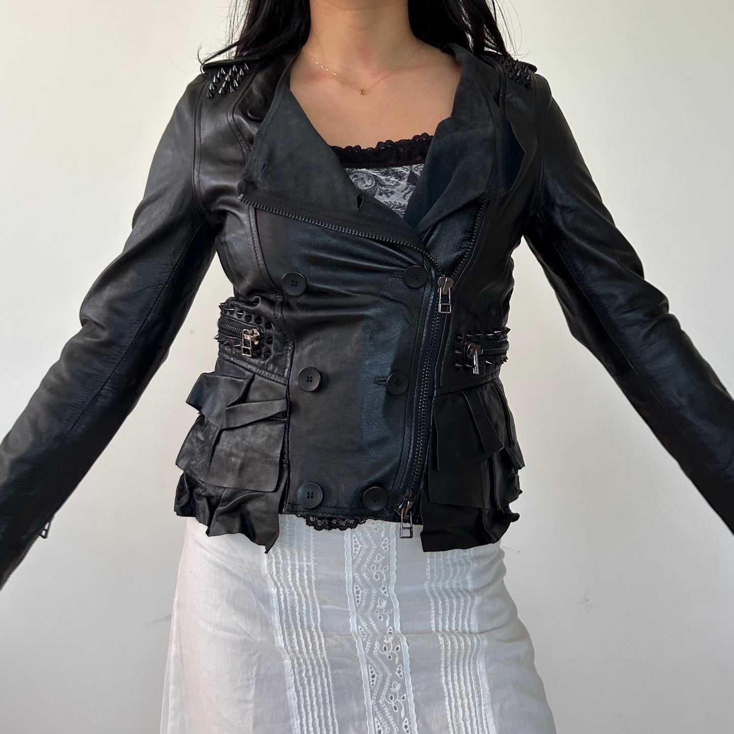 AIM Black Ruffled Leather Moto Jacket - X-Small