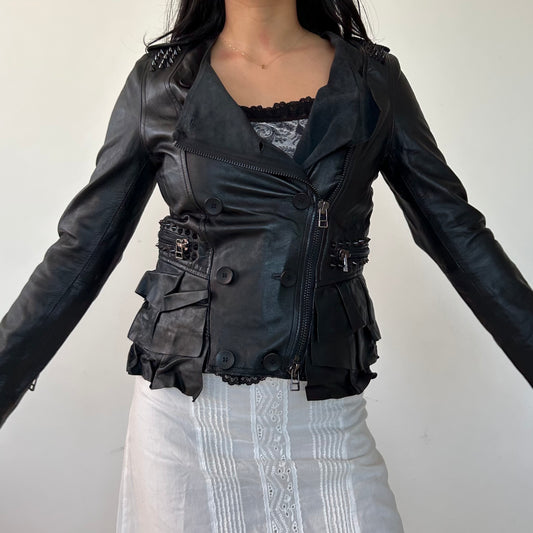 AIM Black Ruffled Leather Moto Jacket - X-Small
