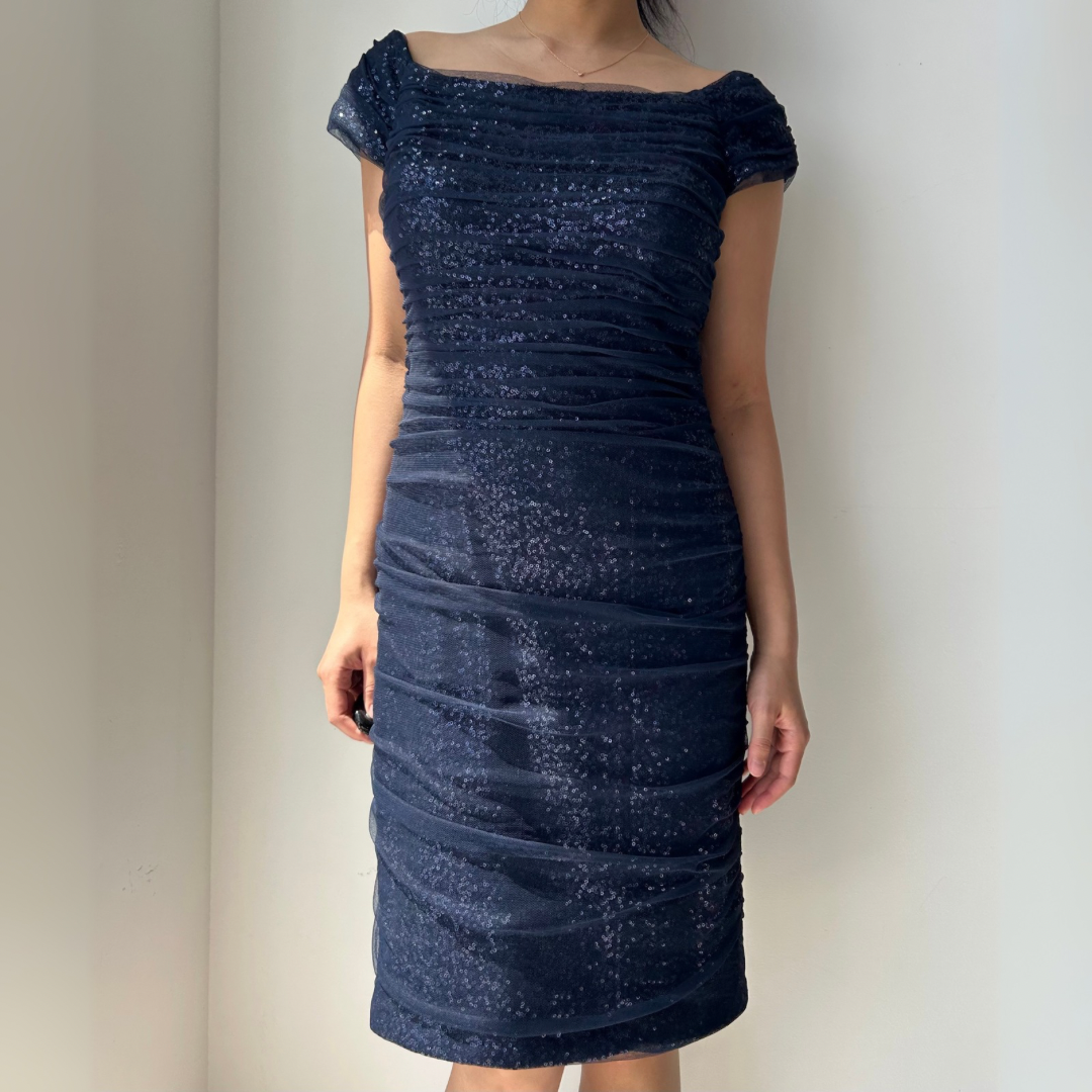 Lauren Ralph Lauren Evening Navy Ruched Sequin Mini Dress - Medium