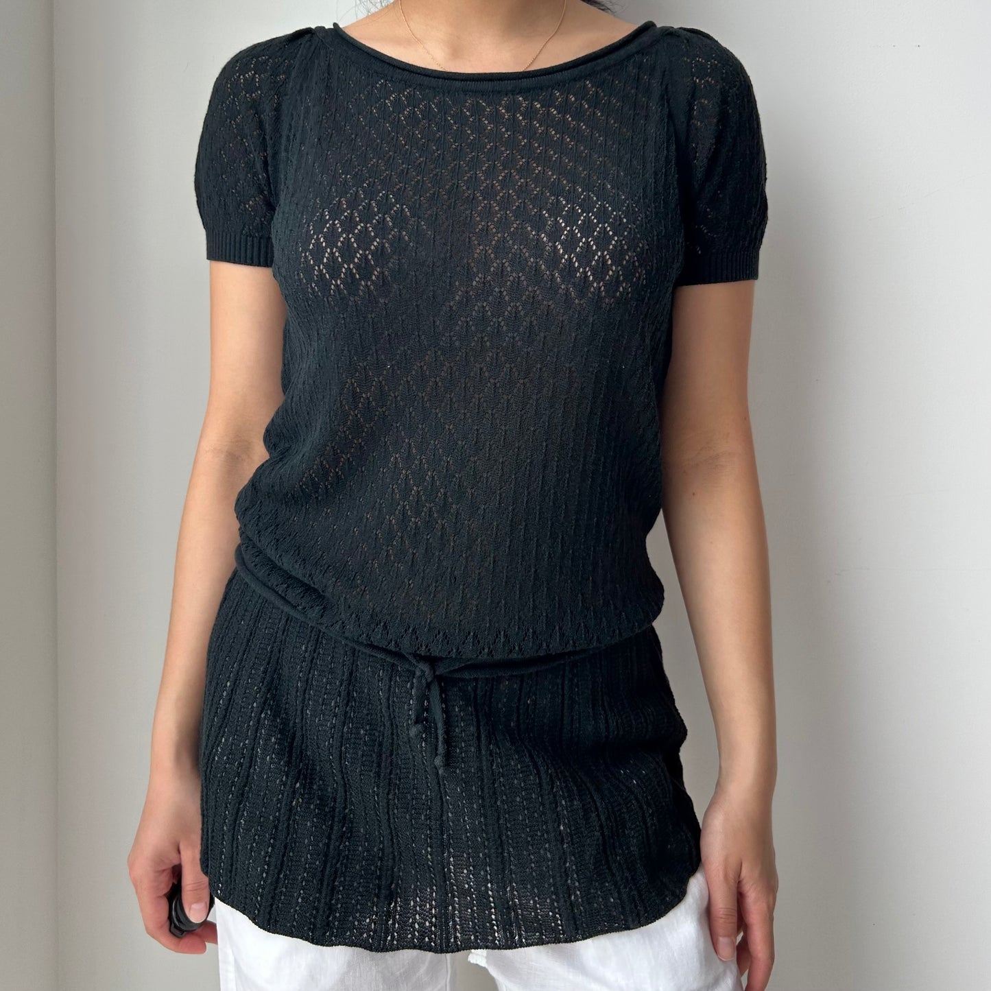 Black Pointelle Knit Tunic Top - Medium