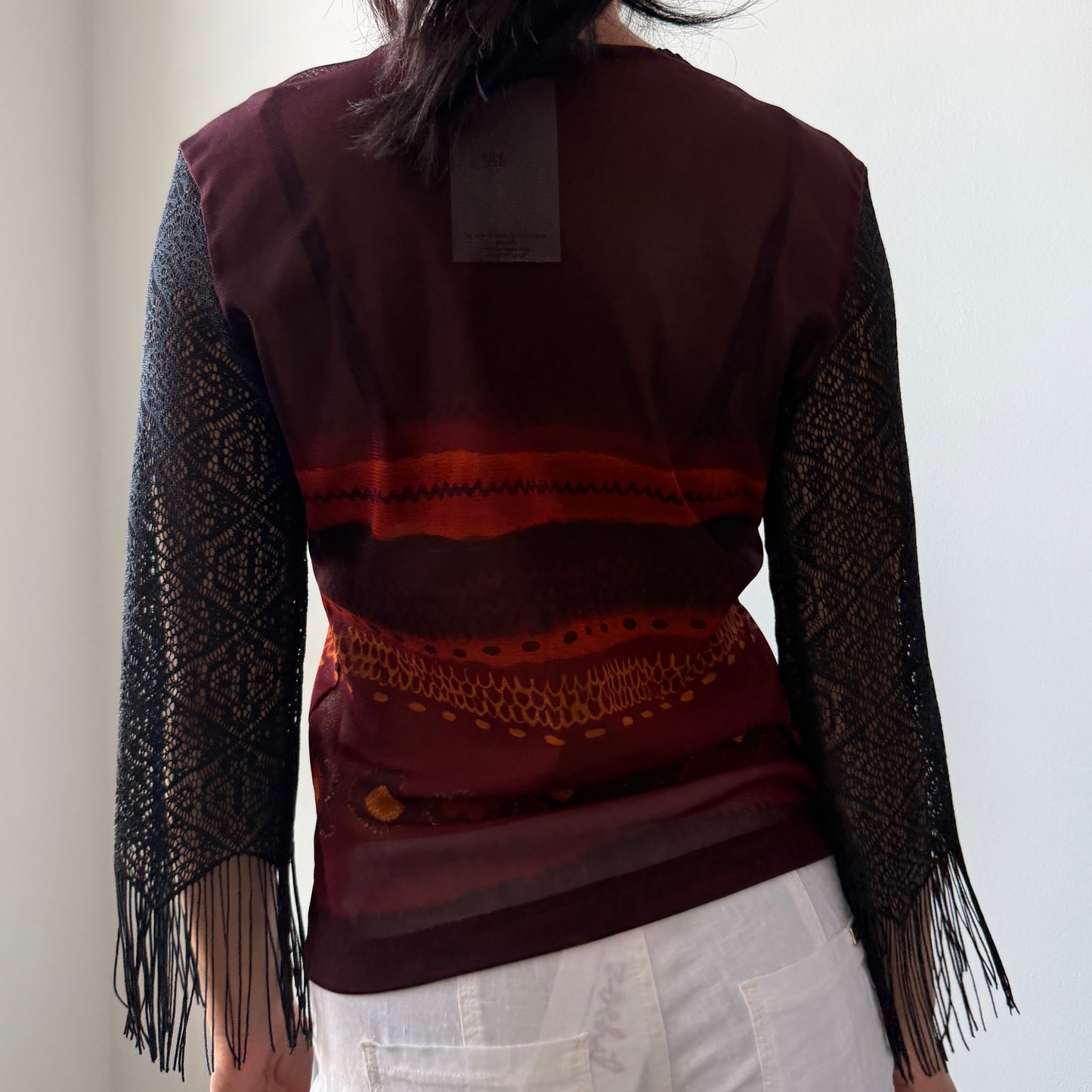 Parasuco Burgundy and Black Fringe Sleeve Mesh Top - Medium