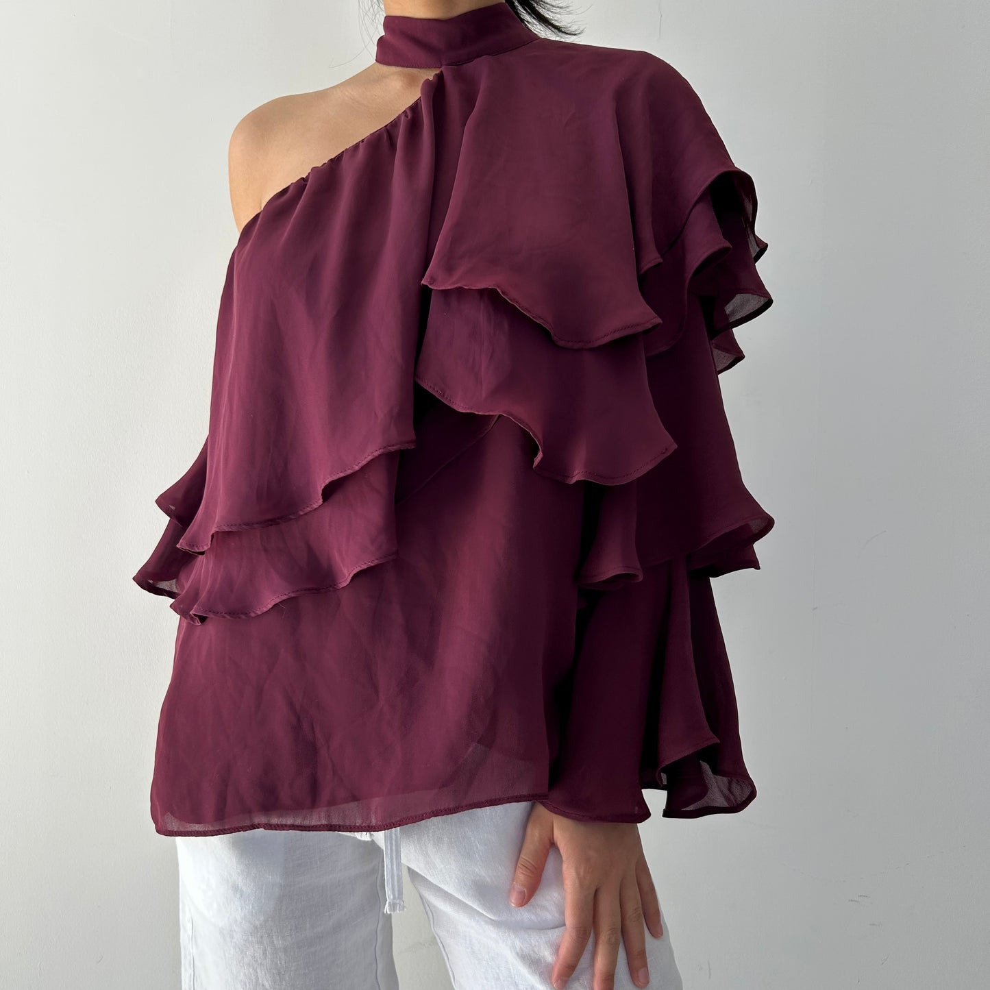 Parker Burgundy One-Shoulder Chiffon Top - Small