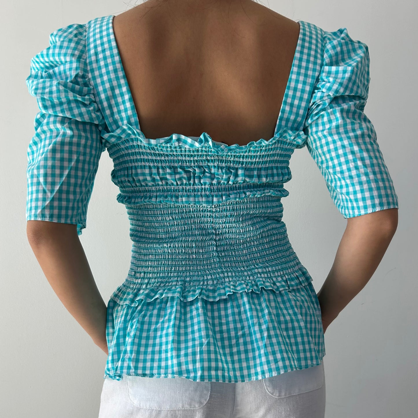 Amanda Uprichard Teal Gingham Smock Top - Large