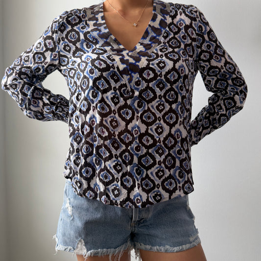 Lauren Vidal Paris Blue Patterned V-Neck Blouse - X-Small