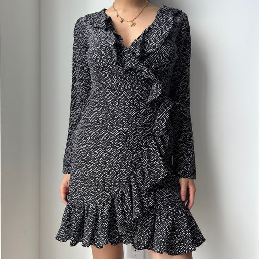 Club Monaco Black Polka Dot Silk Long Sleeve Wrap Mini Dress - X-Small