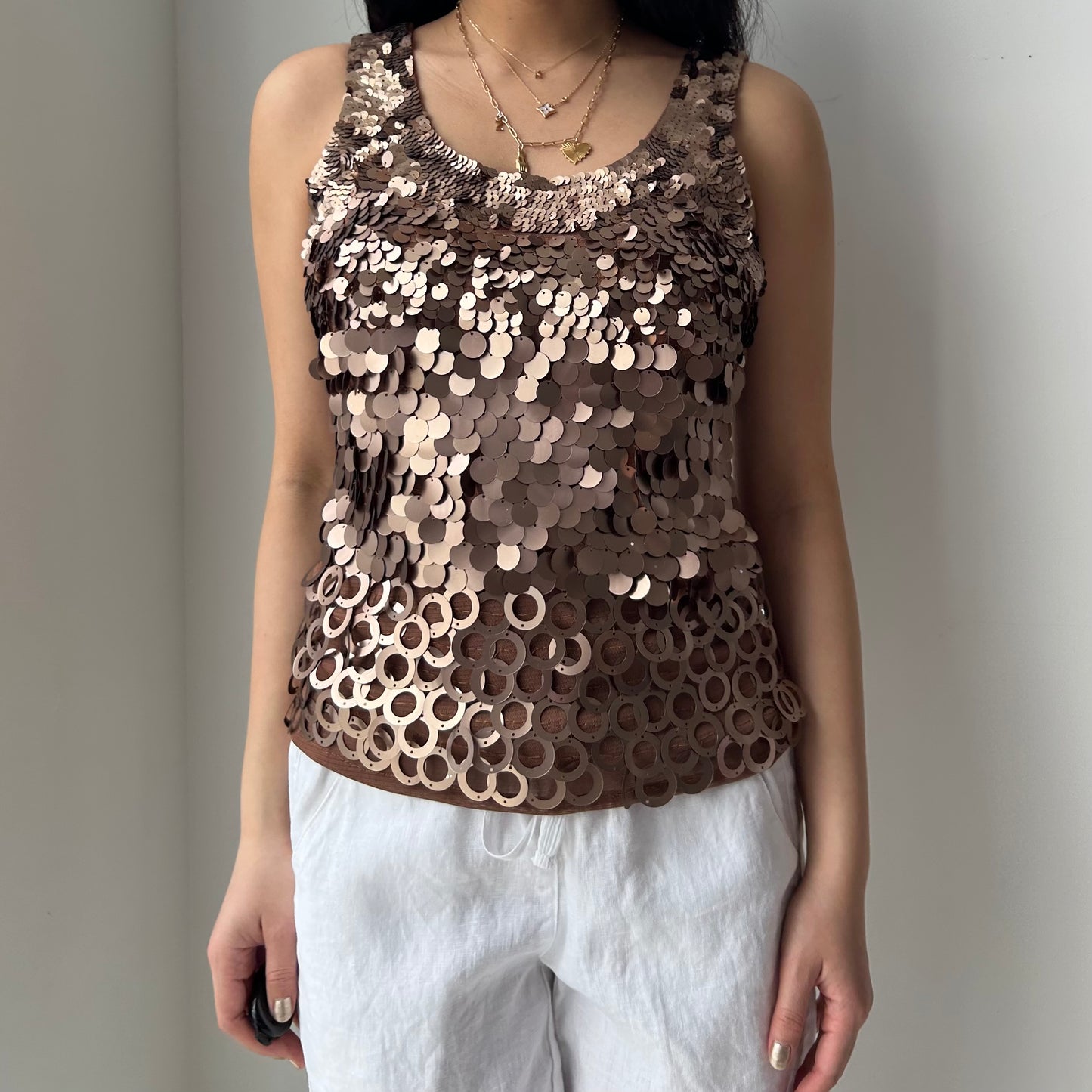 Brown Sequin Mesh Tank - Medium