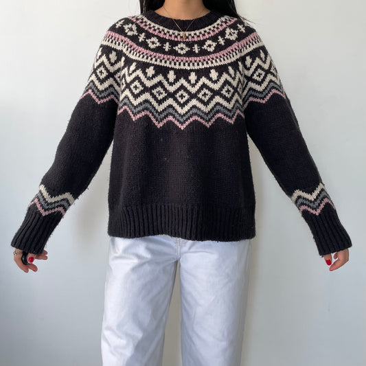 Lucky Brand Charcoal and Pink Fair Isle Long Sleeve Knit Jumper - Small