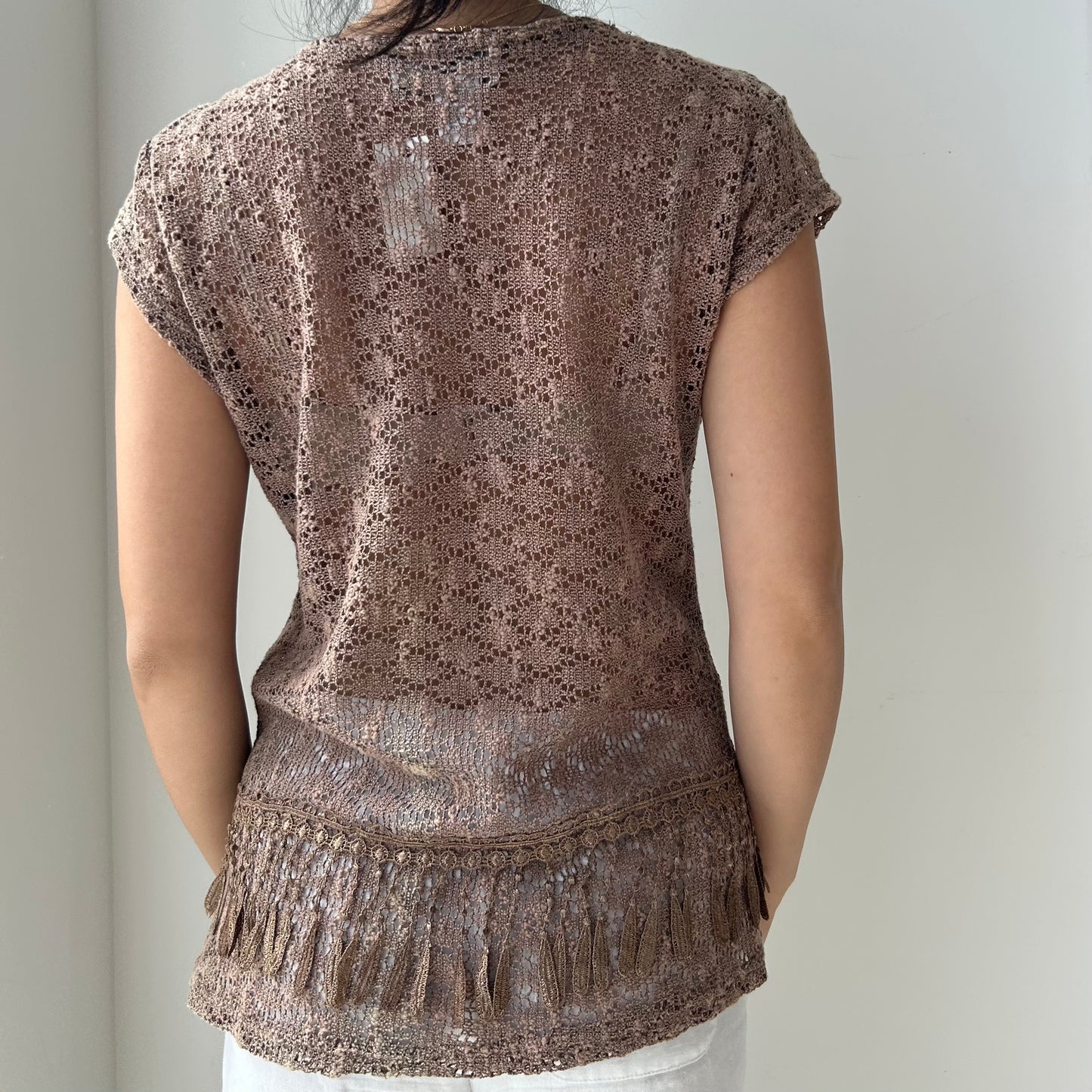 Brown Short Sleeve Crochet Knit Top - Medium