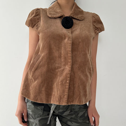 Old Label H&M Brown Corduroy Short Sleeve Blouse - Medium