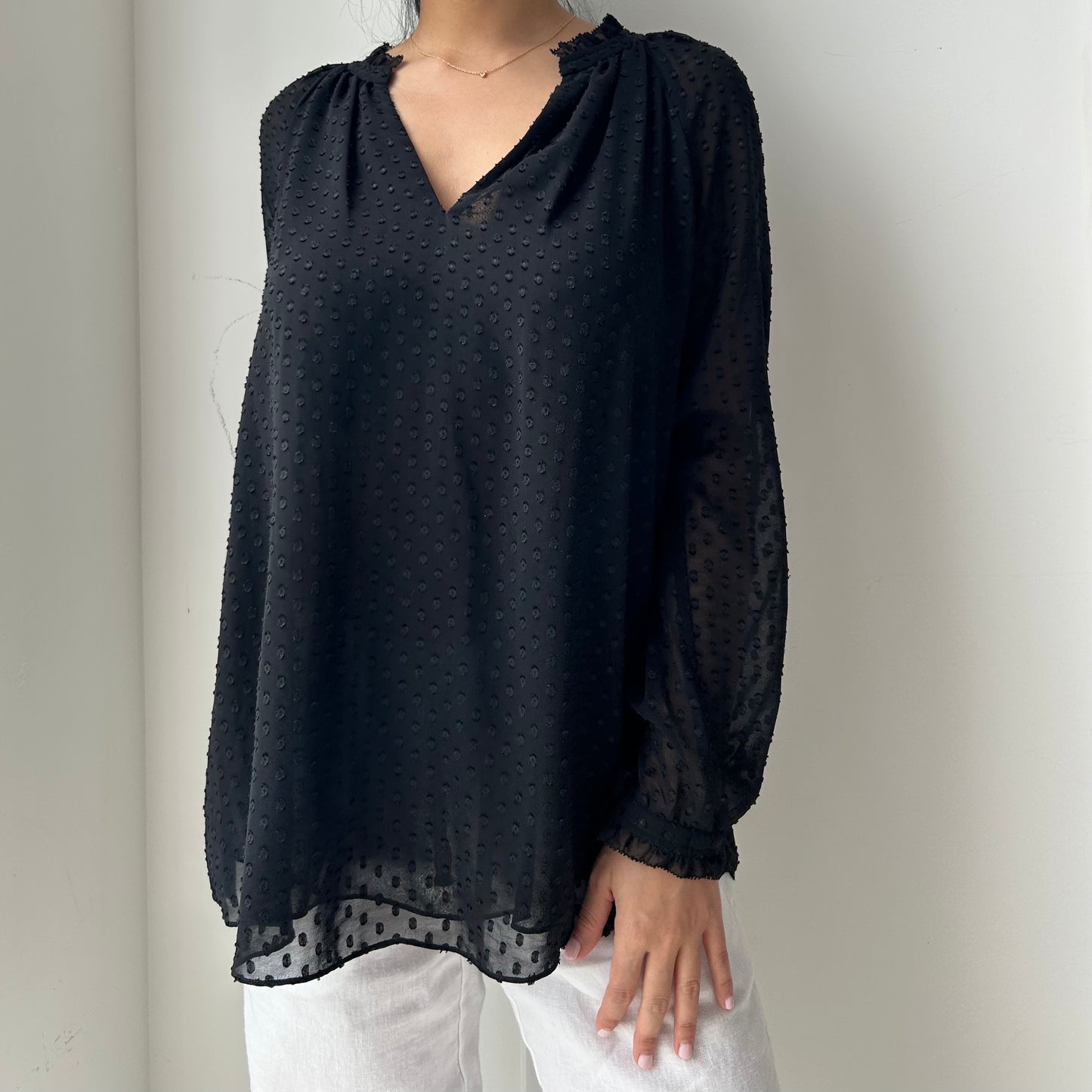 Diane von Furstenberg Black Long Sleeve Polka Dot Blouse - Medium