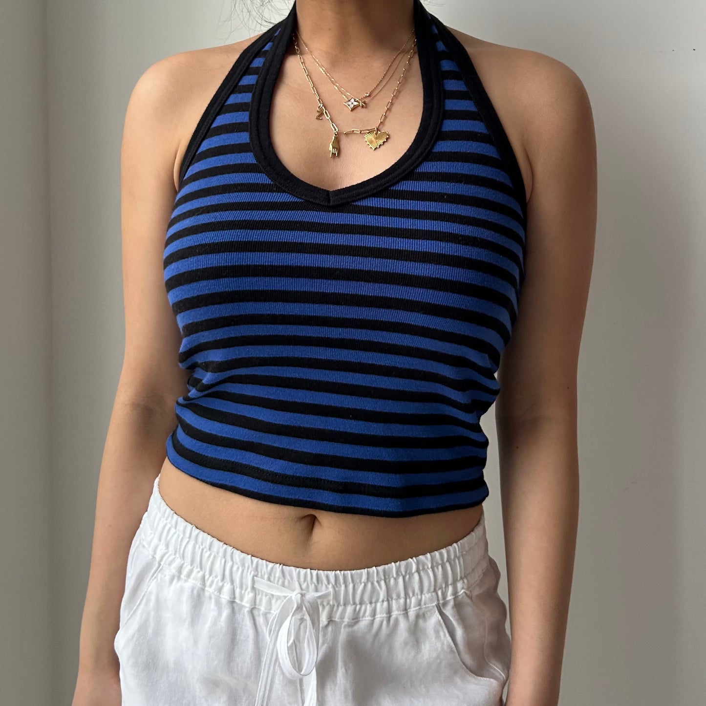 Early 2000s Club Monaco Blue and Black Striped Halter Top - X-Small