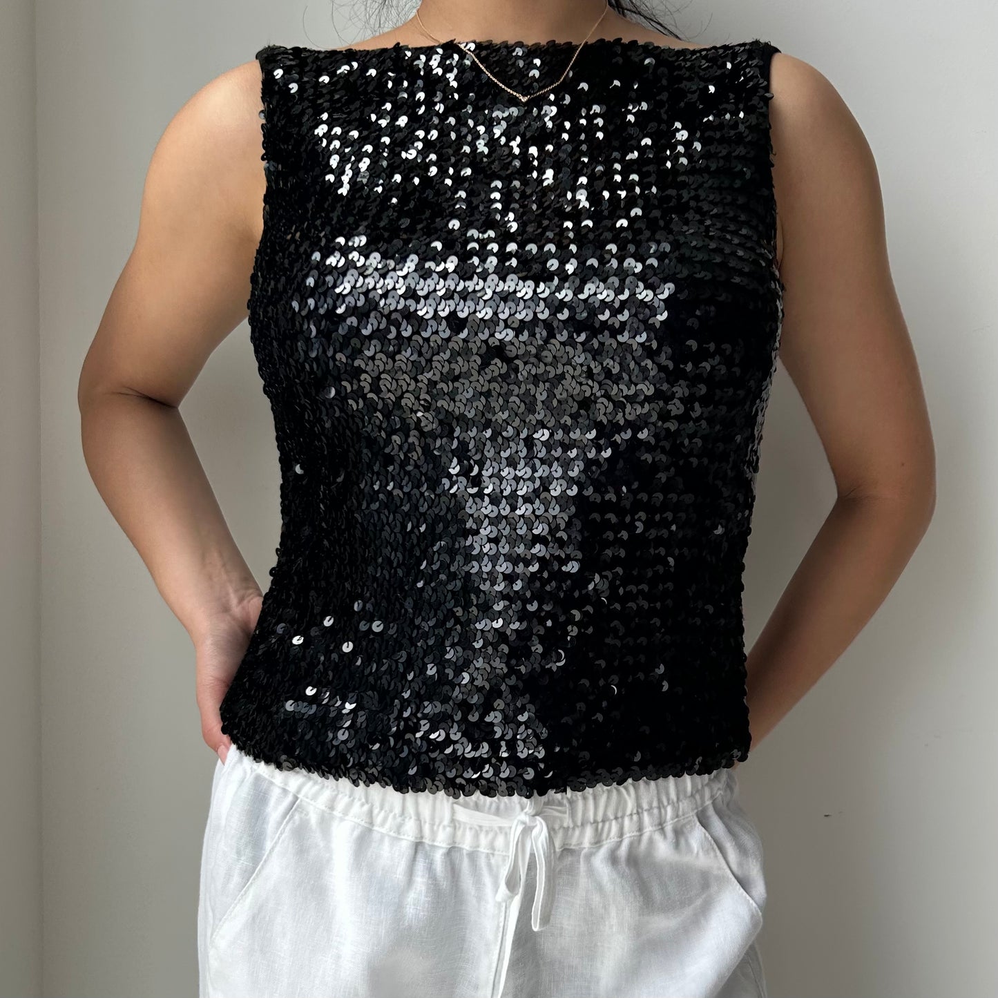 Vintage 90s Made in USA Scott McClintock Square Neck Black Sequin Tank - X-Small