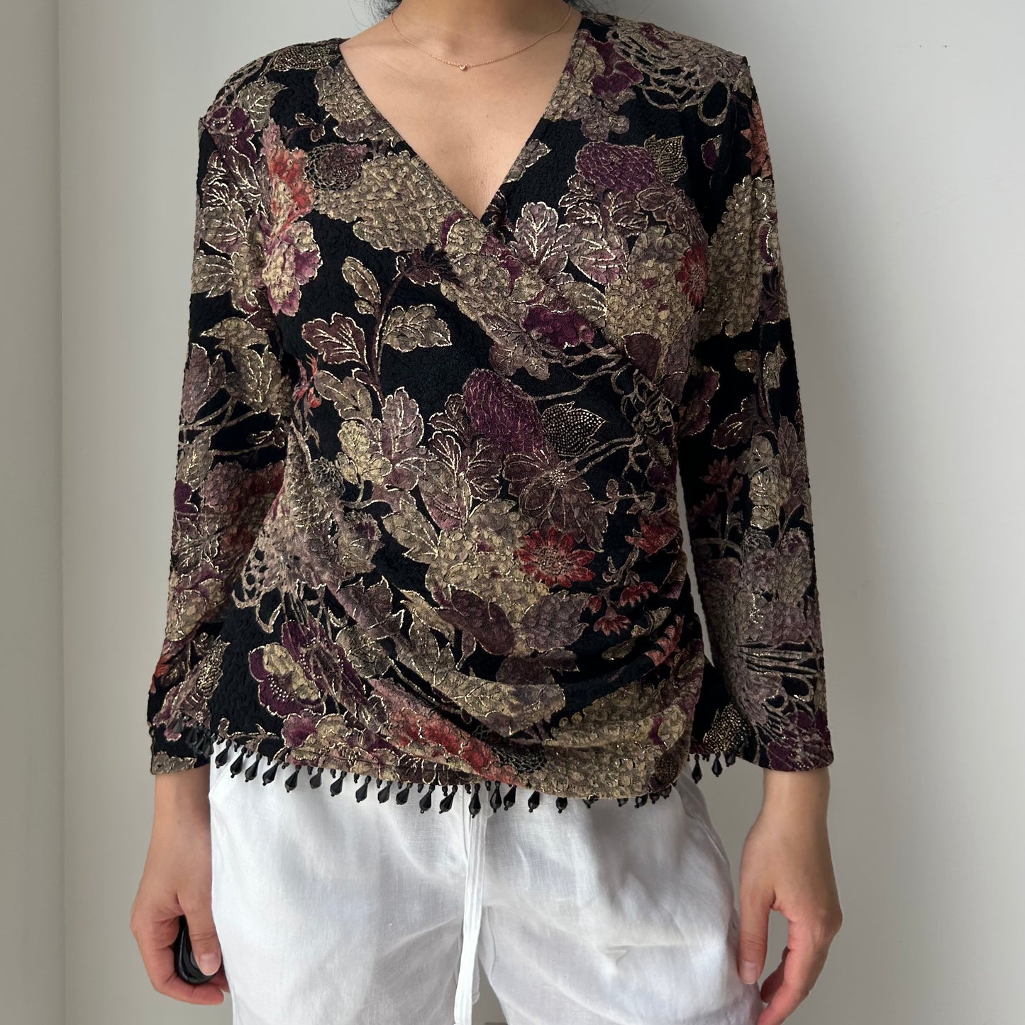 Made in USA Floral Metallic Brocade Wrap Top - Medium