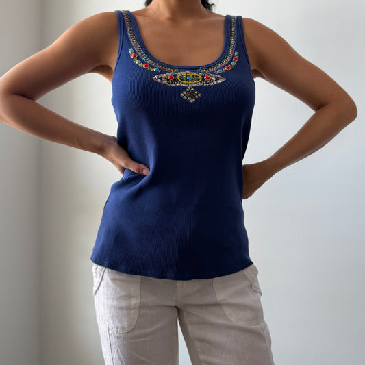 90s Laundry by Shelli Segal Blue Beaded Cotton Tank - Medium