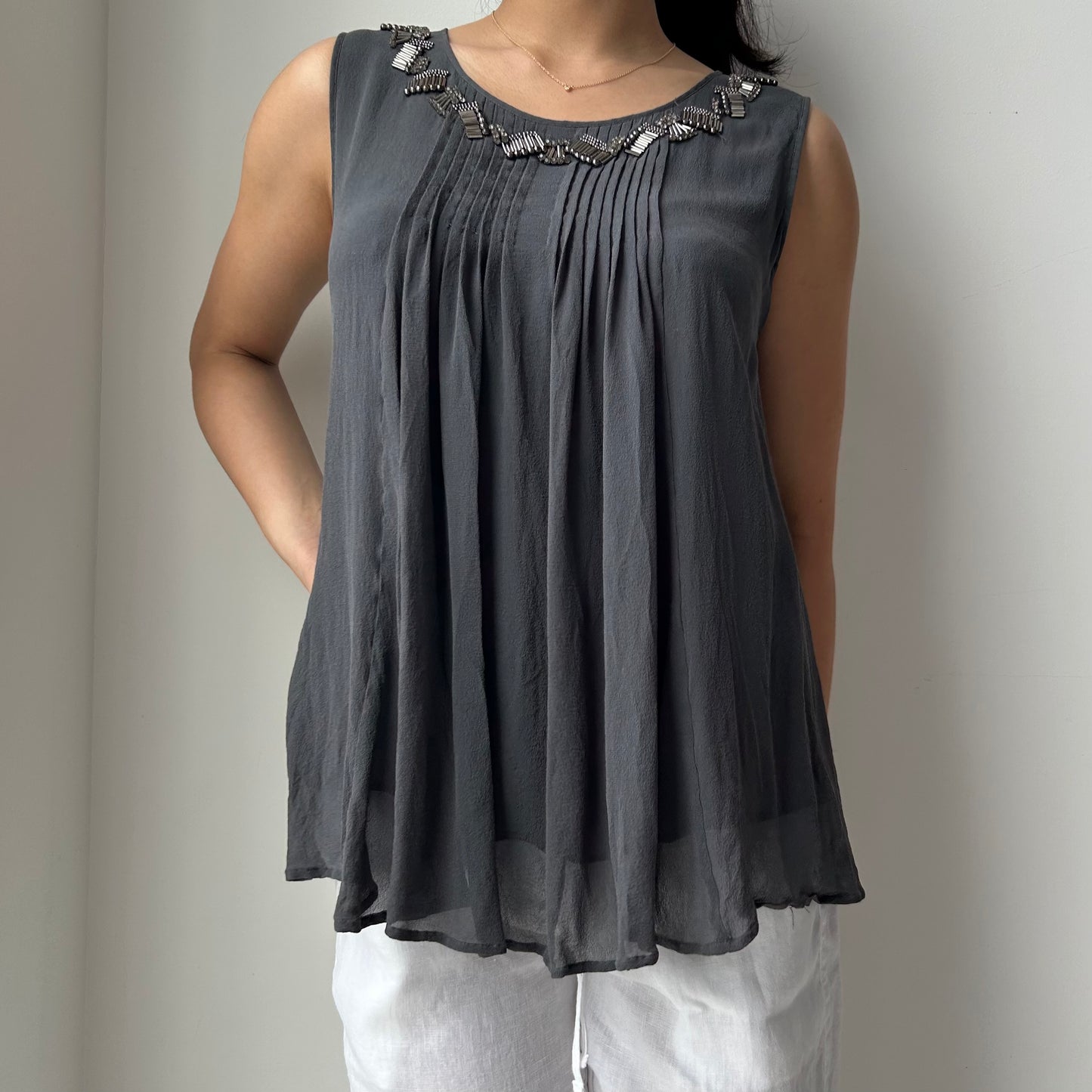 Max Mara Studio Embellished Pleated Sleeveless Top in Charcoal - Medium
