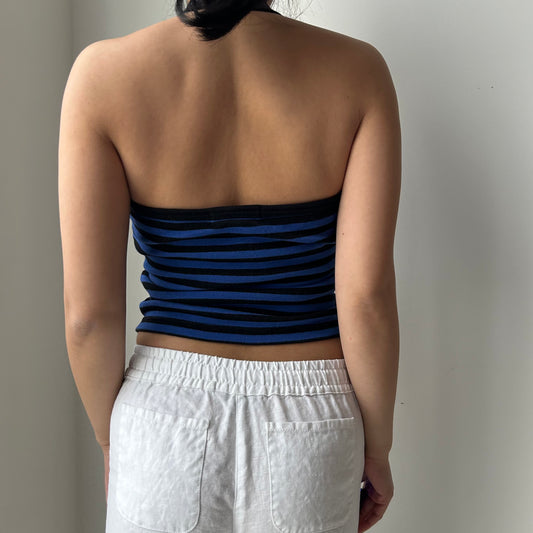 Early 2000s Club Monaco Blue and Black Striped Halter Top - X-Small