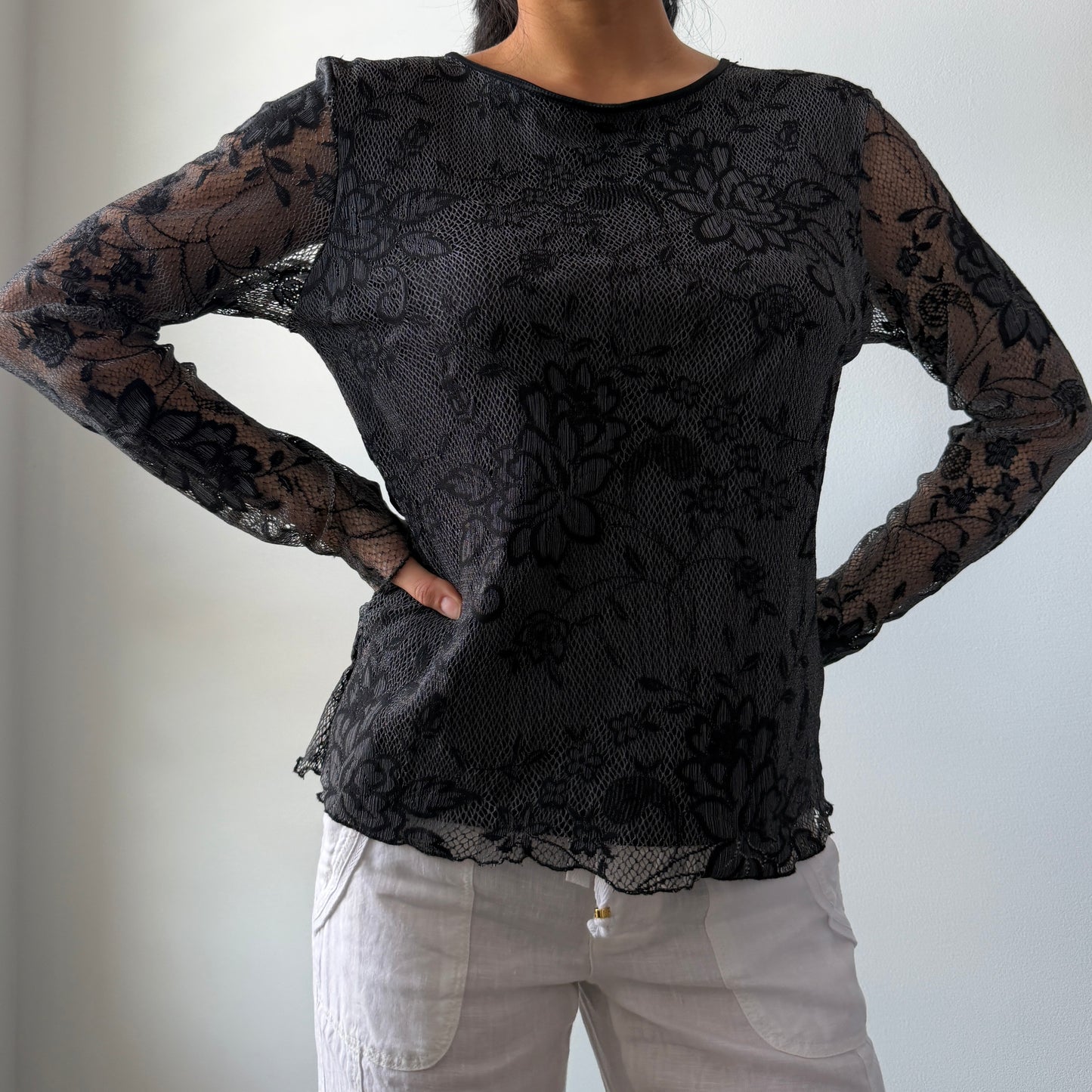 90s Made in Canada Papillon Blanc Black Floral Lace Long Sleeve Mesh Top - Medium