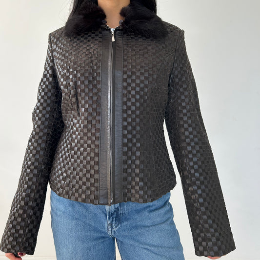 Dark Brown Woven Leather Jacket with Rabbit Fur Collar - Medium
