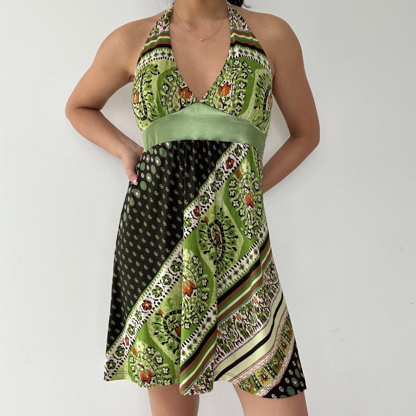 Vintage 90s Made in USA Green Halter Mini Dress - Medium