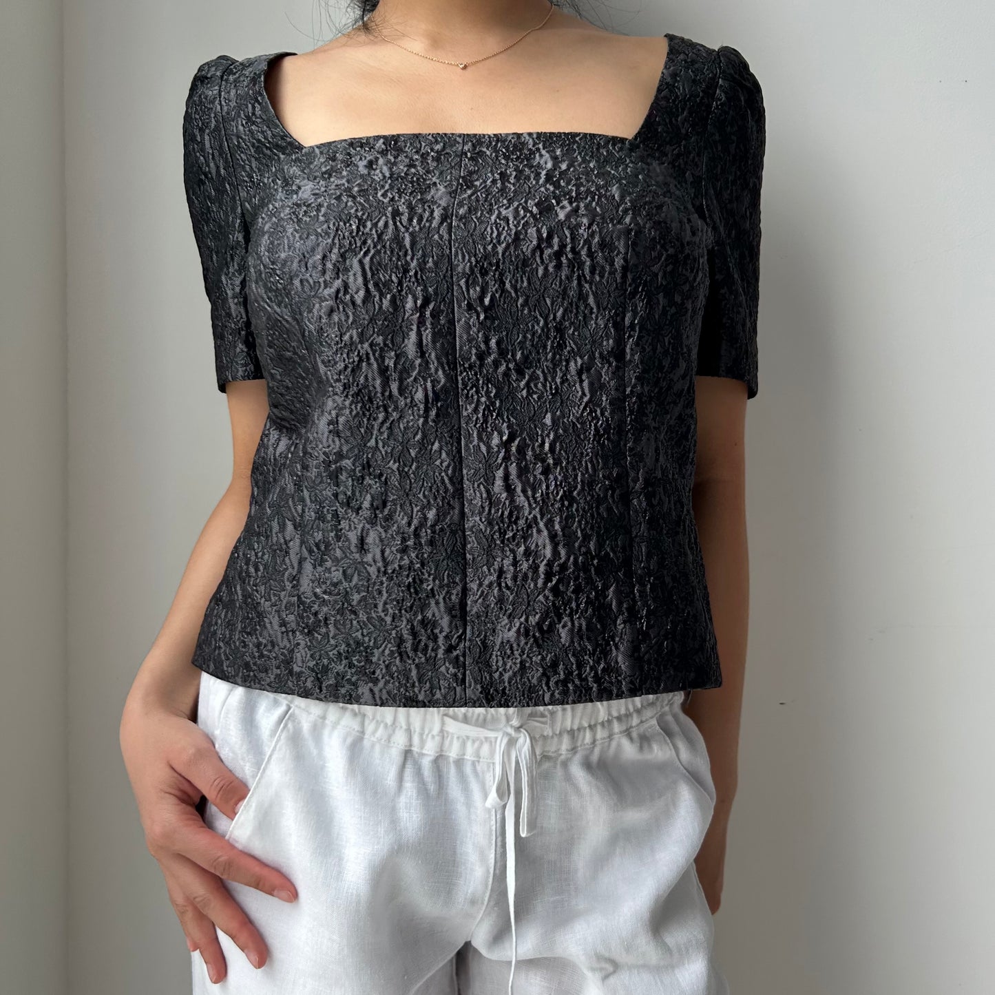 Club Monaco Charcoal Grey Jacquard Square Neck Top - Small