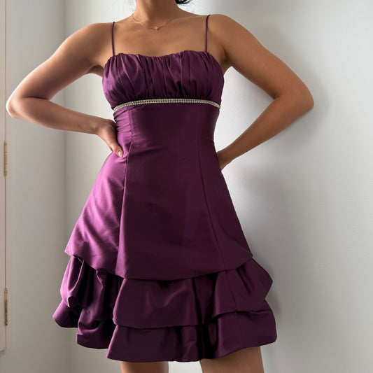 90s Made in USA Fiesta Purple Satin Tiered Ruffle Mini Dress - XX-Small