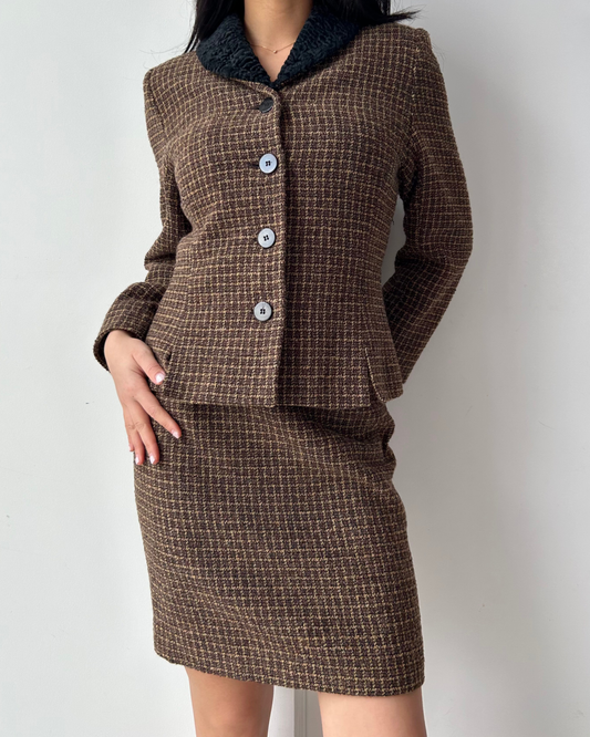 1980s Made in Canada Wool Skirt Suit in Brown Tweed - Small