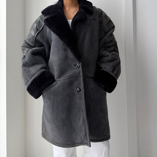1990s HiSO Charcoal Panelled Genuine Sheepskin Coat - Large