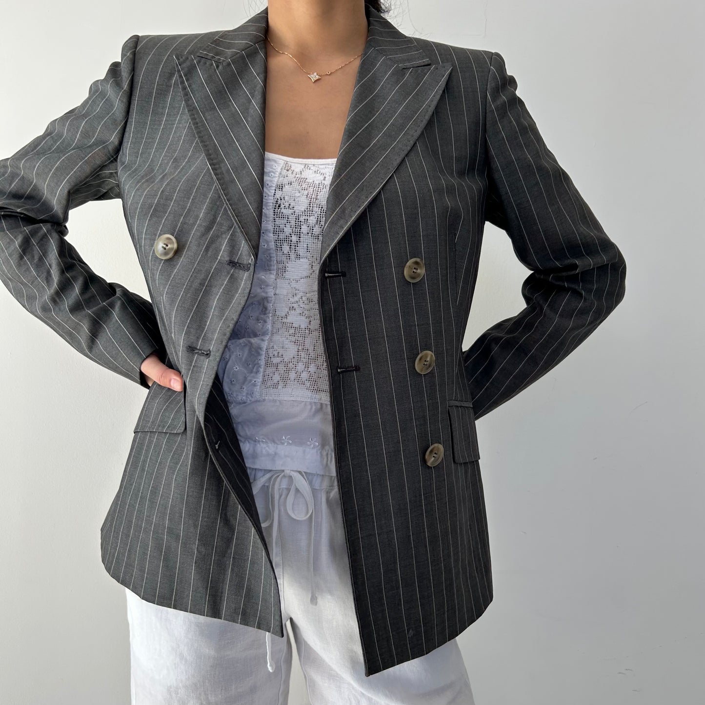 Max Mara Grey Wool and Silk Blend Pinstripe Double Breasted Blazer - Small