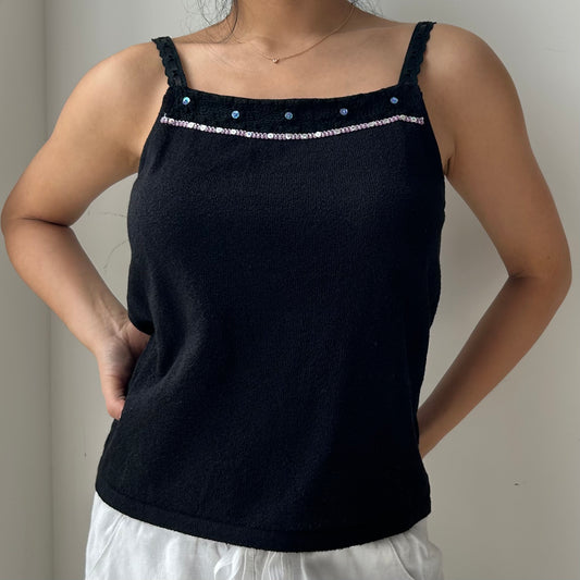 Black Embellished Square Neck Cami Top - Medium