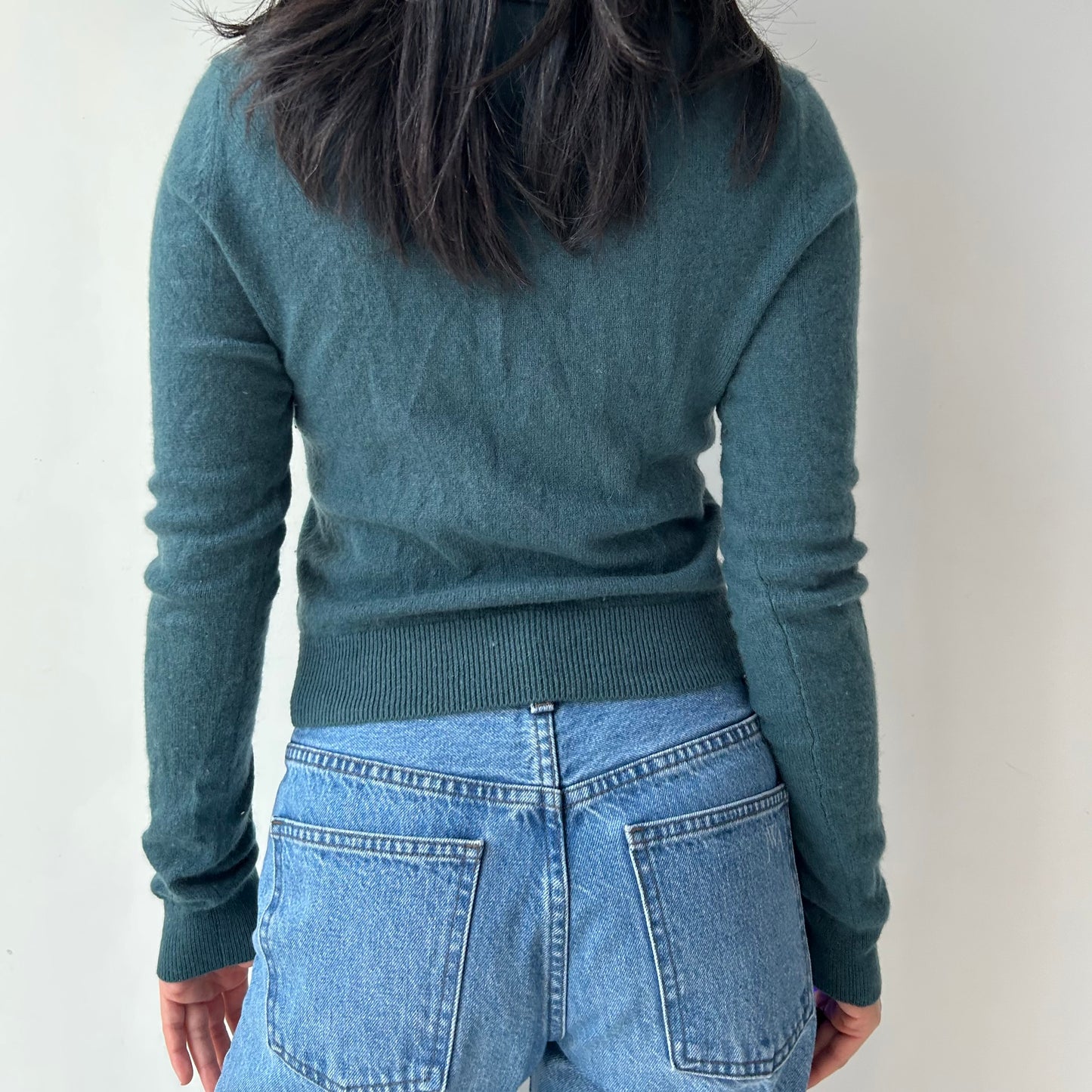 Wilfred Teal Long Sleeve Cropped Polo 100% Cashmere Sweater - Small