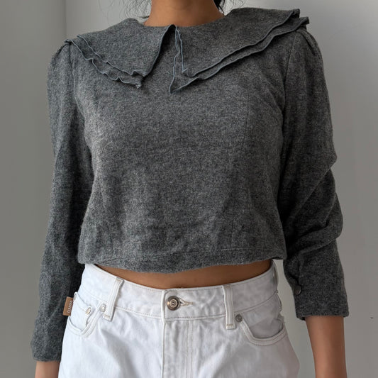 Made in Japan Grey Peter Pan Collar Wool Blend Knit Top - X-Small