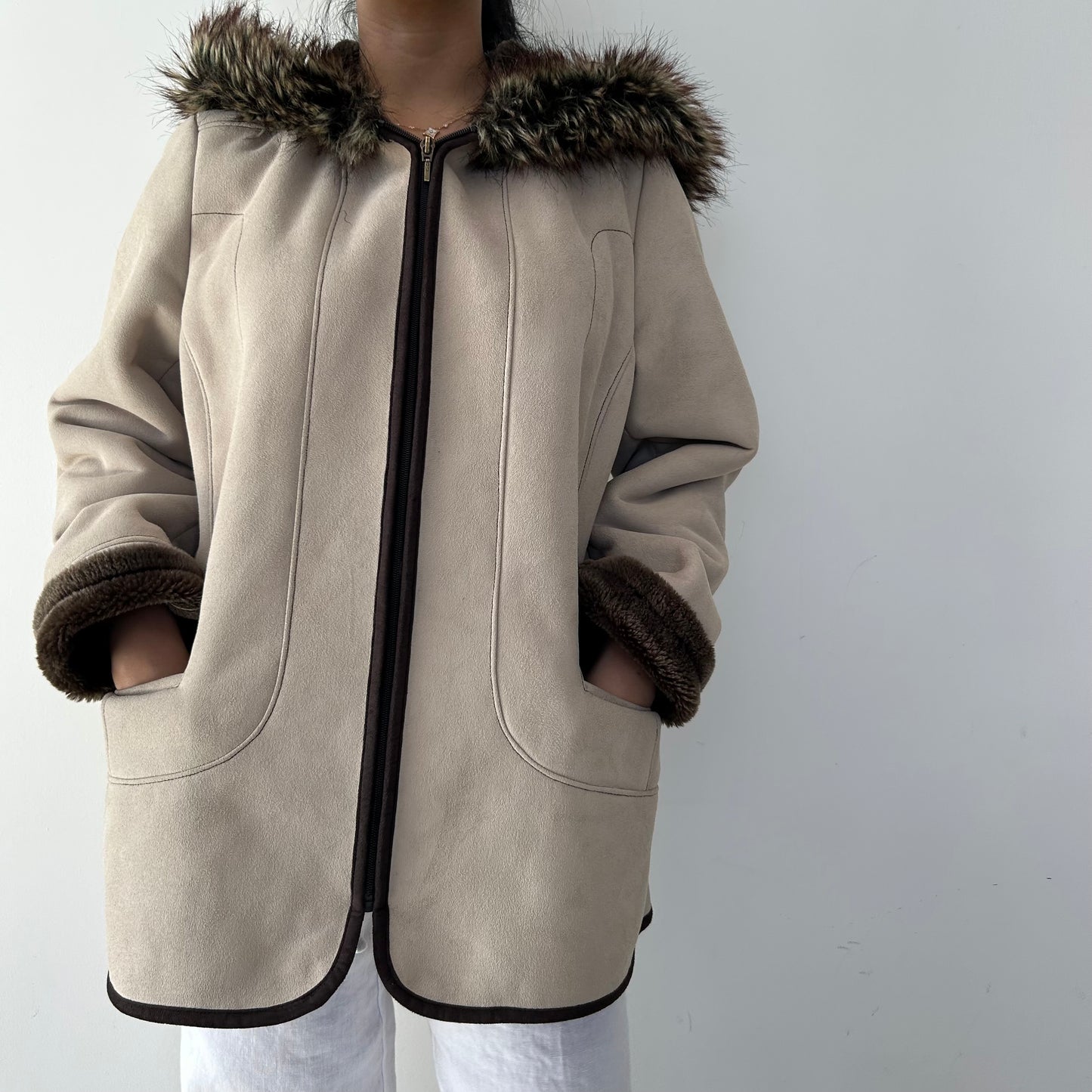 Beige Faux Shearling Full Zip Coat - Large
