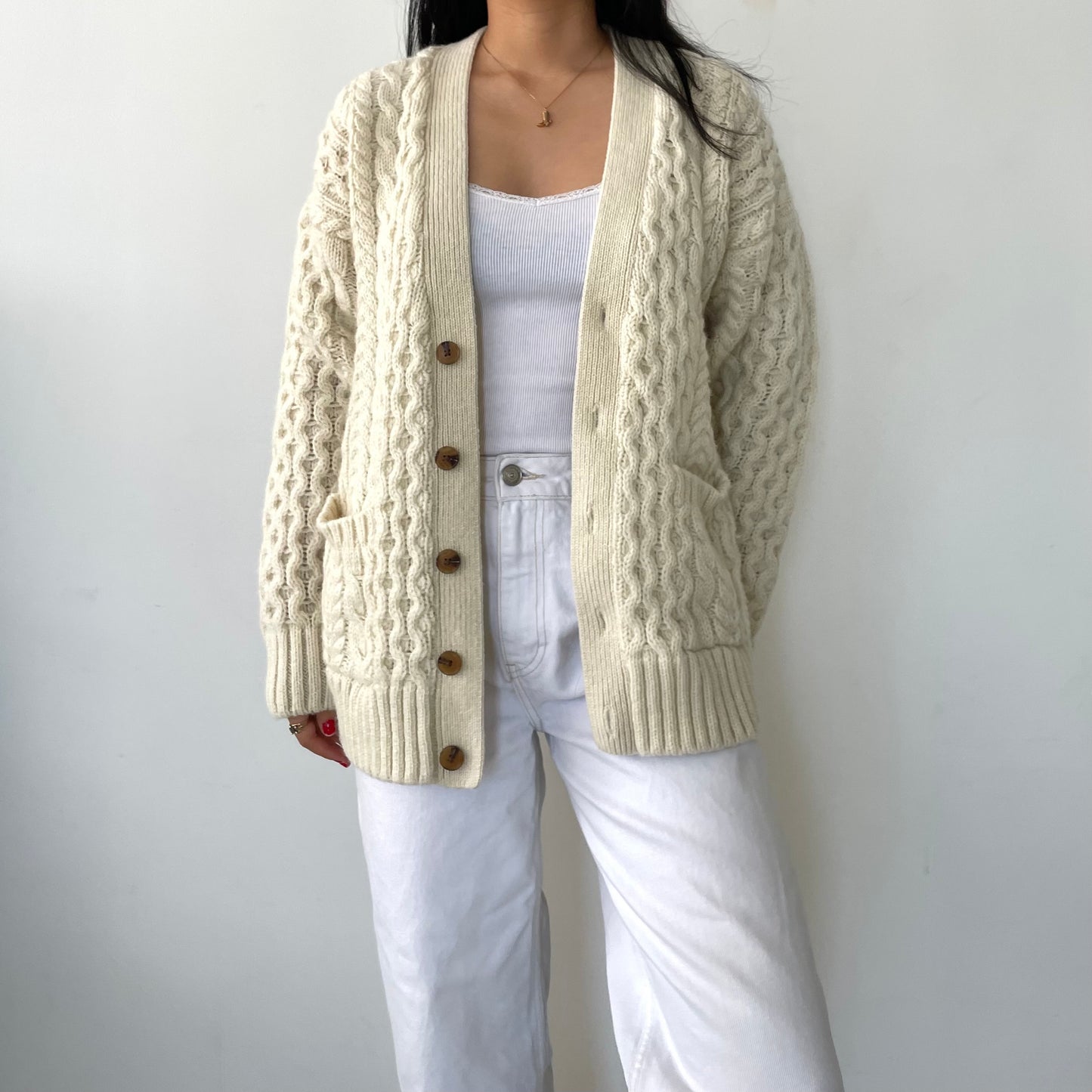 Brandy Melville Cream Aran Wool Knit Chunky Cardigan - X-Small/Small/Medium